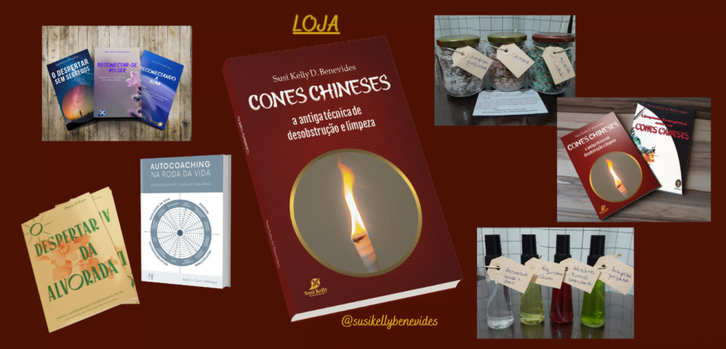 Você encontra livros de Cones Chineses, livros de autoajuda e autocoaching. Sais de banho e sprays