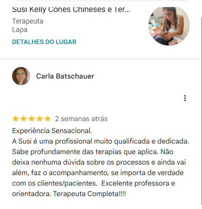Experiência Sensacional. A Susi é uma profissional muito qualificada e dedicada. Sabe profundamente das terapias que aplica. Não deixa nenhuma dúvida sobre os processos e ainda vai além, faz o acompanhamento, se importa de verdade com os clientes/pacientes. Excelente professora e orientadora. Terapeuta Completa!!!!