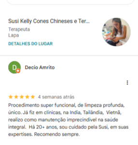 Procedimento super funcional, de limpeza profunda, único. Já fiz em clínicas, na India, Tailândia, Vietnã, realizo como manutenção imprecindivel na saúde integral. Há 20+ anos, sou cuidado pela Susi, em suas expertises. Recomendo sempre.