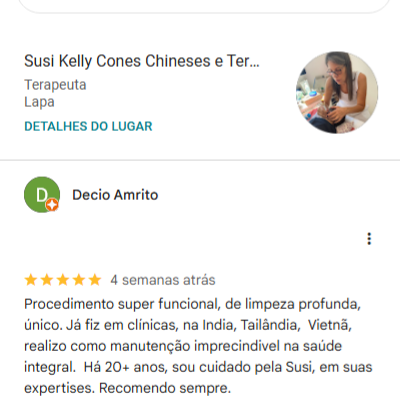 Procedimento super funcional, de limpeza profunda, único. Já fiz em clínicas, na India, Tailândia, Vietnã, realizo como manutenção imprecindivel na saúde integral. Há 20+ anos, sou cuidado pela Susi, em suas expertises. Recomendo sempre.