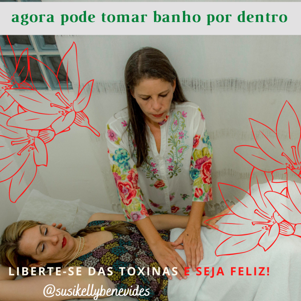mulher branca deitada de barriga para cima, sendo massageada a barriga, por Susi Kelly Benevides, para realizar a limpeza do intestino grosso. Benefícios, prisão de ventre, desintoxicação do corpo. desinflamação do cólon / intestino